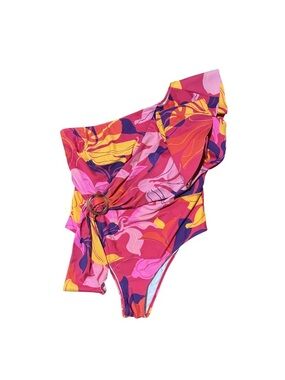 Eloquii One-Shoulder Ruffle Swimsuit in Bright Pink Multi